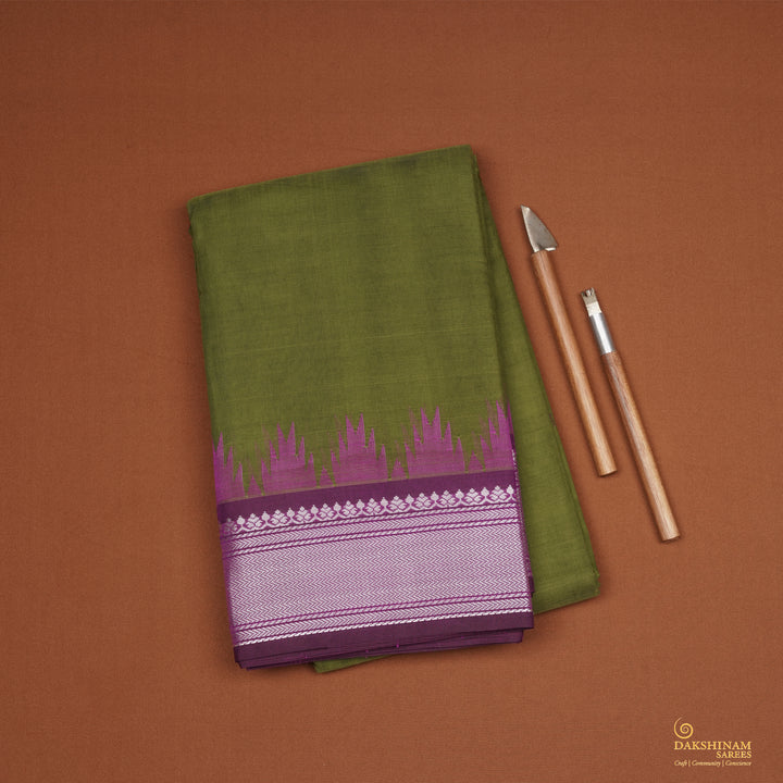 Handwoven Green with Purple Kanchipuram Silk Cotton Saree - 2186T010884DSC