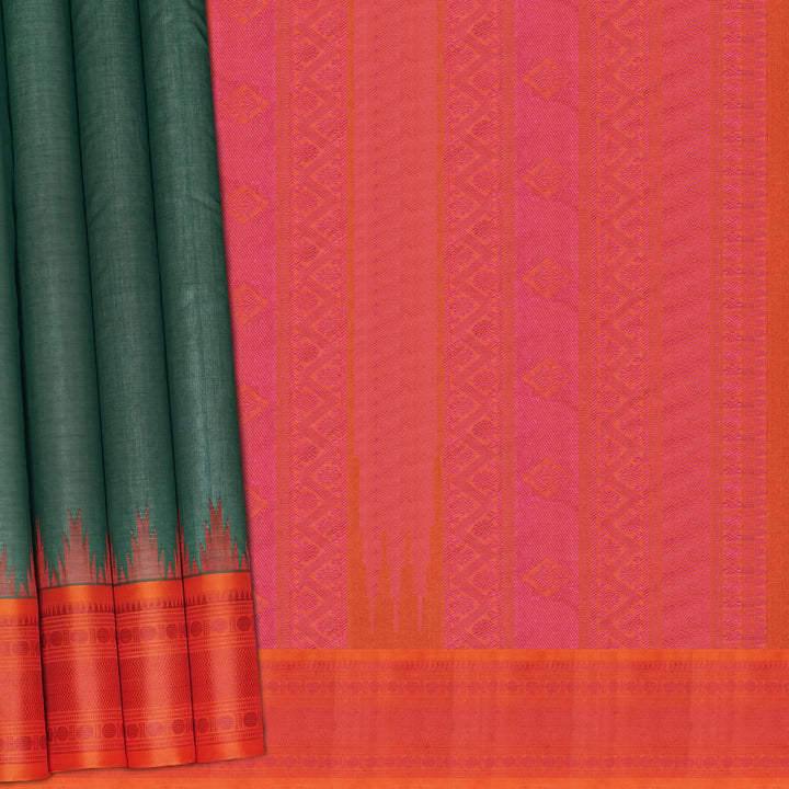 Handwoven Green with Orange Kanchipuram Silk Cotton Saree - 2189T010887DSC