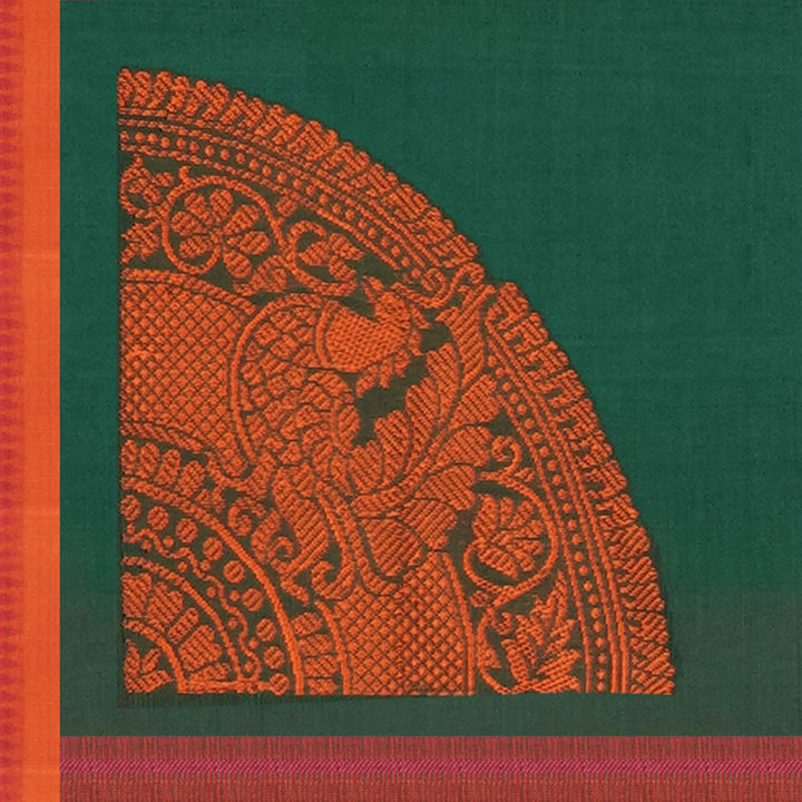 Handwoven Green with Orange Kanchipuram Silk Cotton Saree - 2189T010887DSC