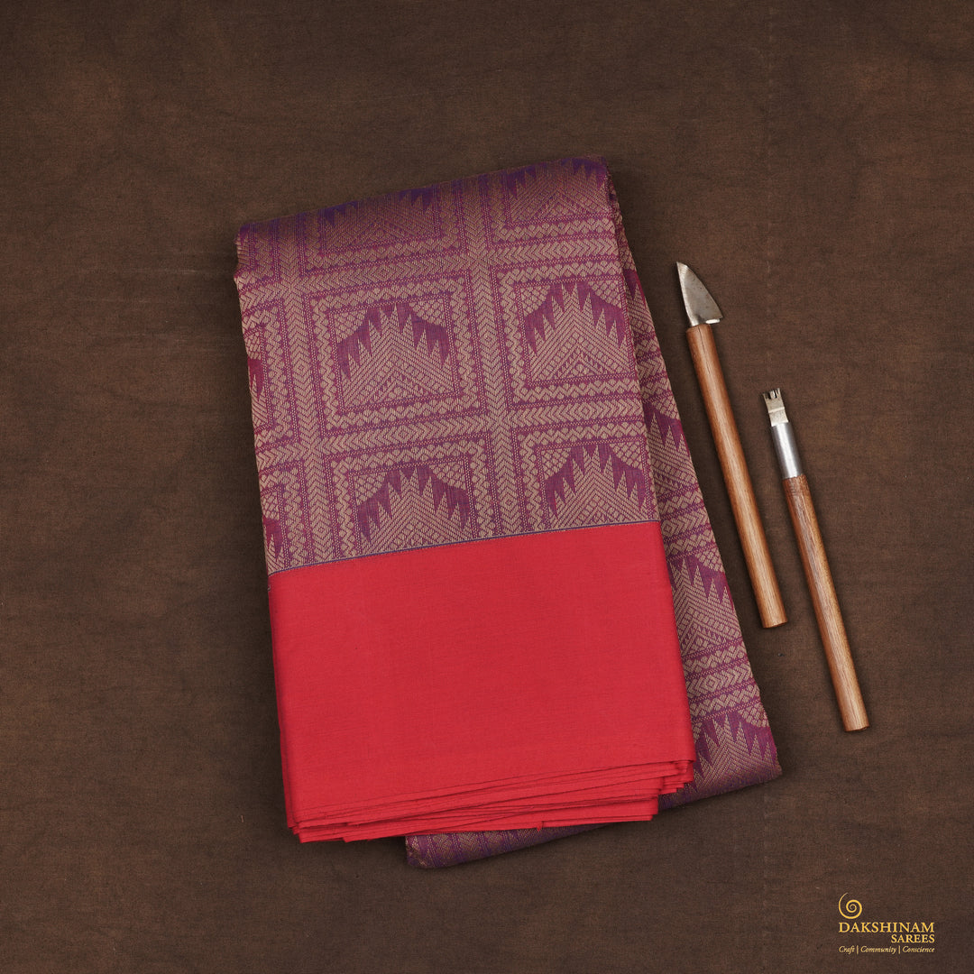 Handwoven Purple and Red Kanchipuram Cotton Saree - 2207T010809DSC