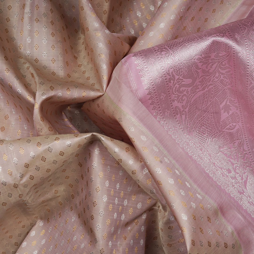 Handwoven Beige with Pink Kanjivaram Silk Saree - 2315T010895DSC