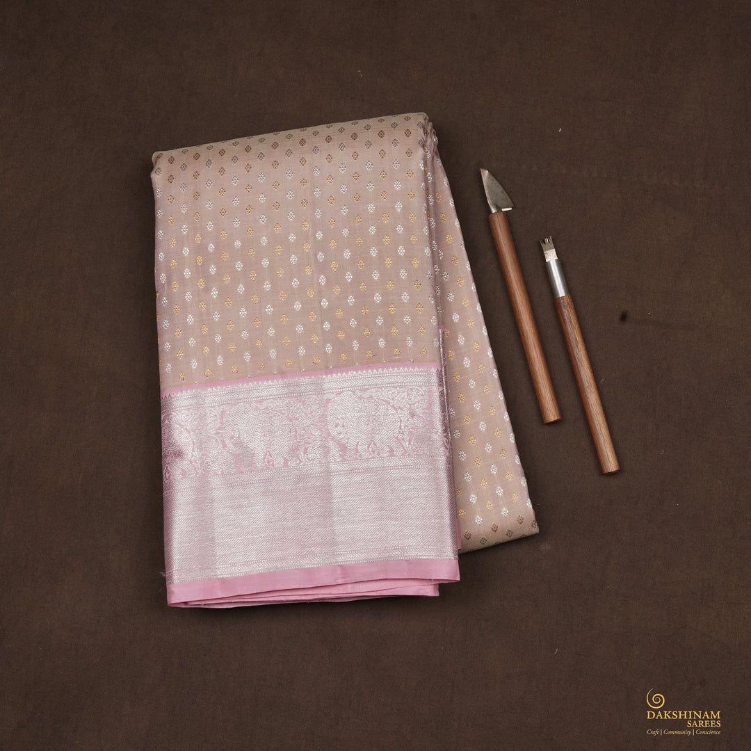 Handwoven Beige with Pink Kanjivaram Silk Saree - 2315T010895DSC