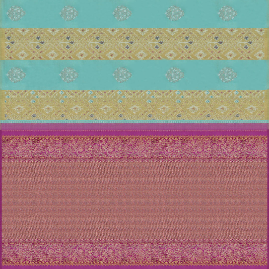Handwoven Aqua blue with yellow Ikat Kanjivaram Silk Saree - 2271T006376DSC