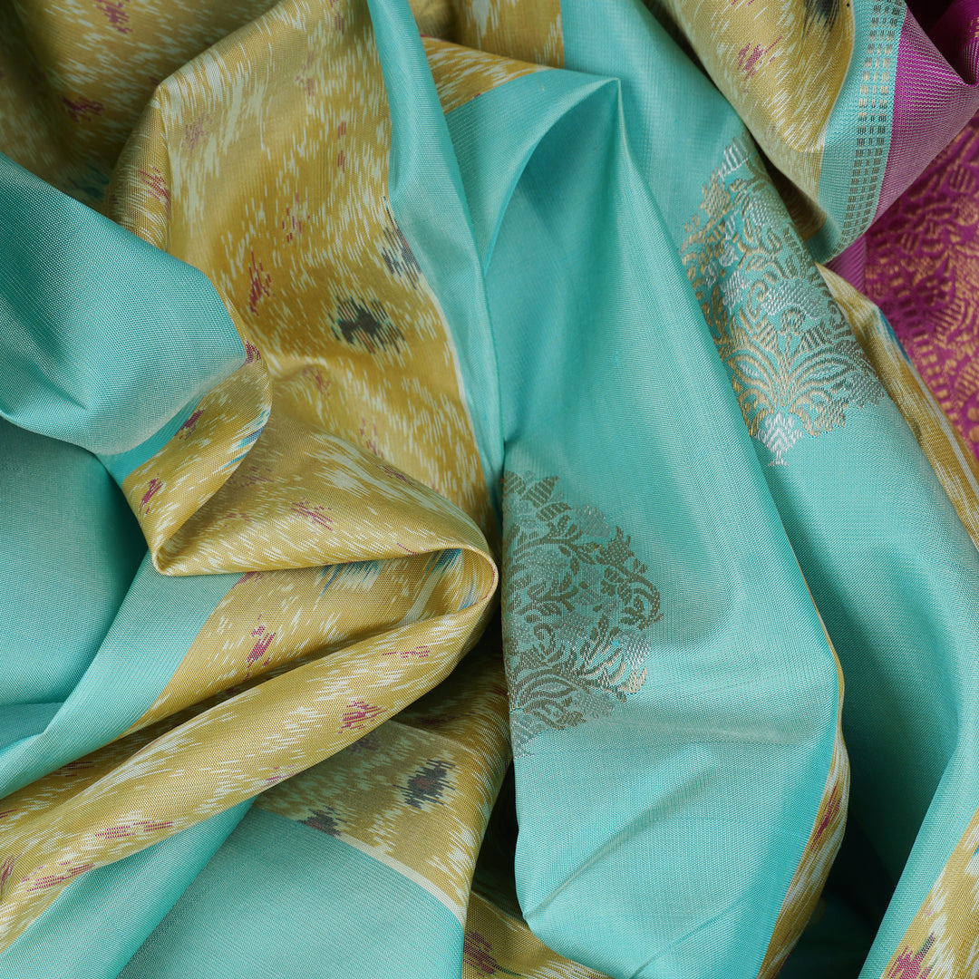 Handwoven Aqua blue with yellow Ikat Kanjivaram Silk Saree - 2271T006376DSC
