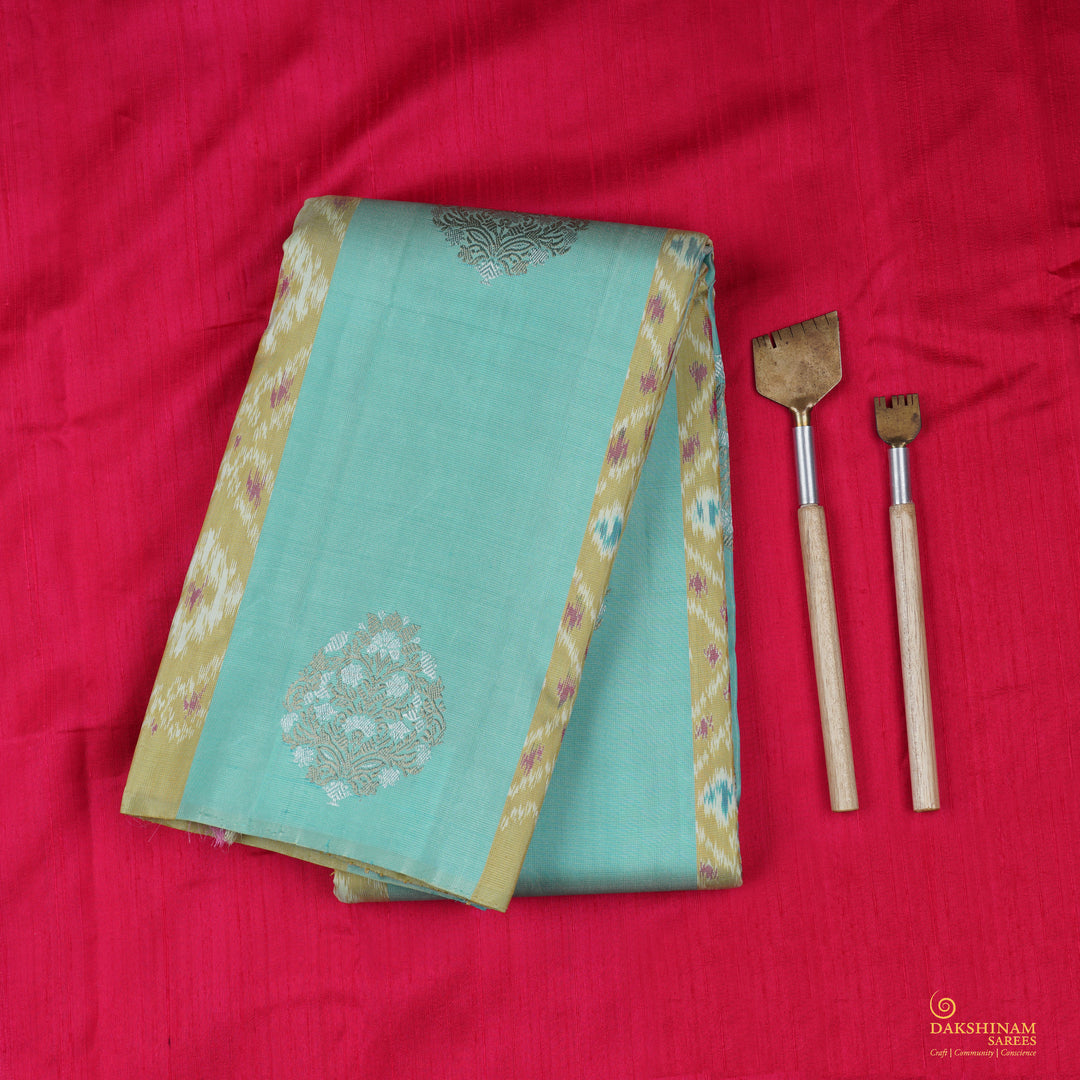 Handwoven Aqua blue with yellow Ikat Kanjivaram Silk Saree - 2271T006376DSC