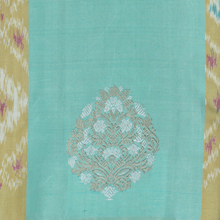 Handwoven Aqua blue with yellow Ikat Kanjivaram Silk Saree - 2271T006376DSC