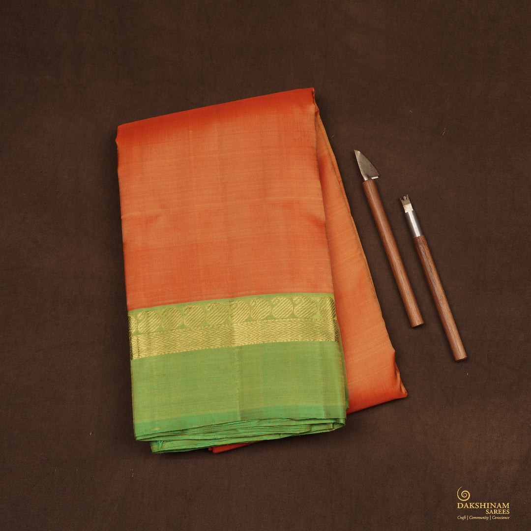 Handwoven Orange with Green Kanjivaram Silk Saree - 2335T011326DSC