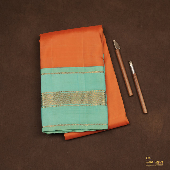 Handwoven Orange with Blue Kanjivaram Silk Saree - 2341T011338DSC