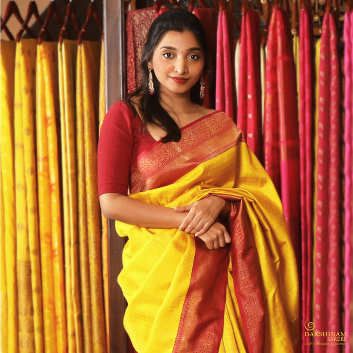 Handwoven Yellow with Maroon Kanjivaram Silk Saree - 1352T004366DSC