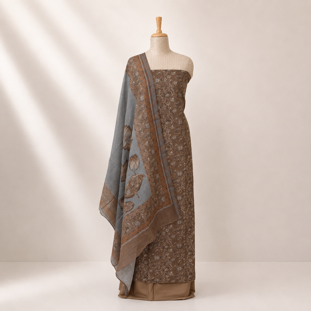 Brown Linen Floral Printed 3 Piece Suit Set with Digital Print Dupatta 34N045847DSC