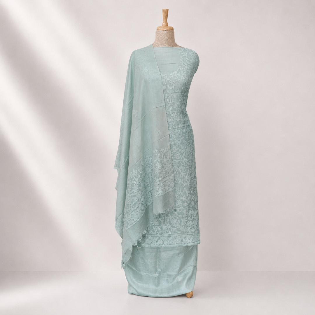Ice blue Tussar silk 3-piece suit set with hand embroidered Chikankari floral work and matching dupatta