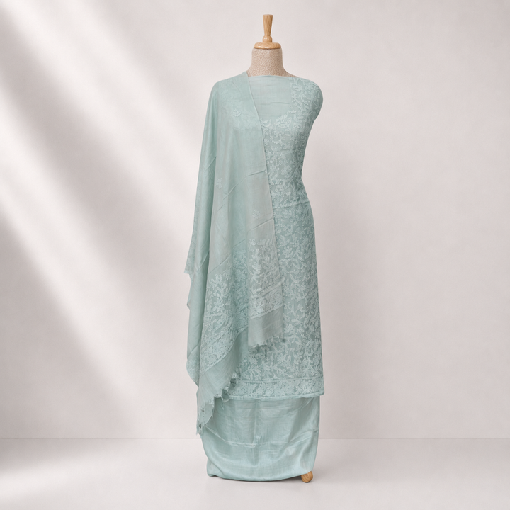 Ice blue Tussar silk 3-piece suit set with hand embroidered Chikankari floral work and matching dupatta