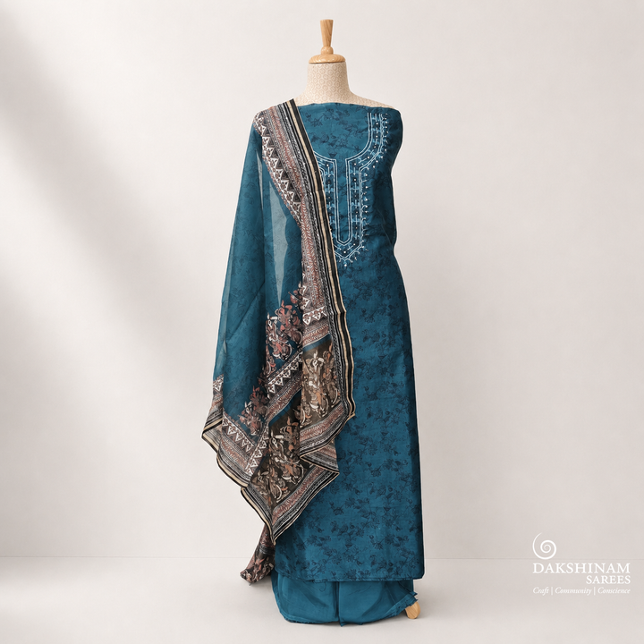 Peacock Blue Embroidered 3 Piece Suit Set with Kalamkari Chanderi Silk Dupatta 50N032592DSC
