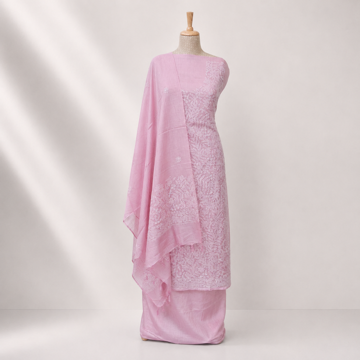 Baby pink Tussar silk 3-piece suit set with hand embroidered Chikankari floral work and matching dupatta