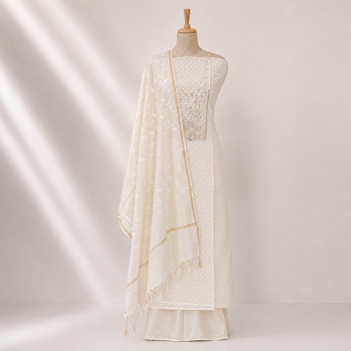 White cotton 3-piece suit set with hand embroidered sequin neckline and embroidered Kota dupatta