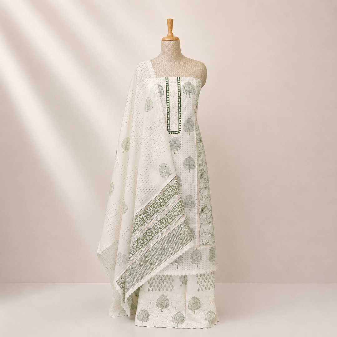 White and Green Printed Cotton 3 Piece Suit Set with Hacoba Work 32N045941DSC