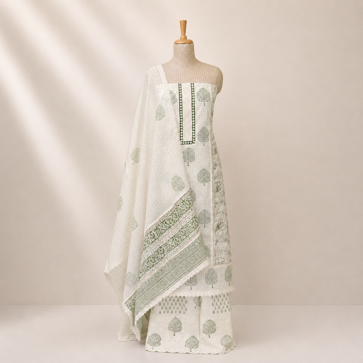 White and Green Printed Cotton 3 Piece Suit Set with Hacoba Work 32N045941DSC