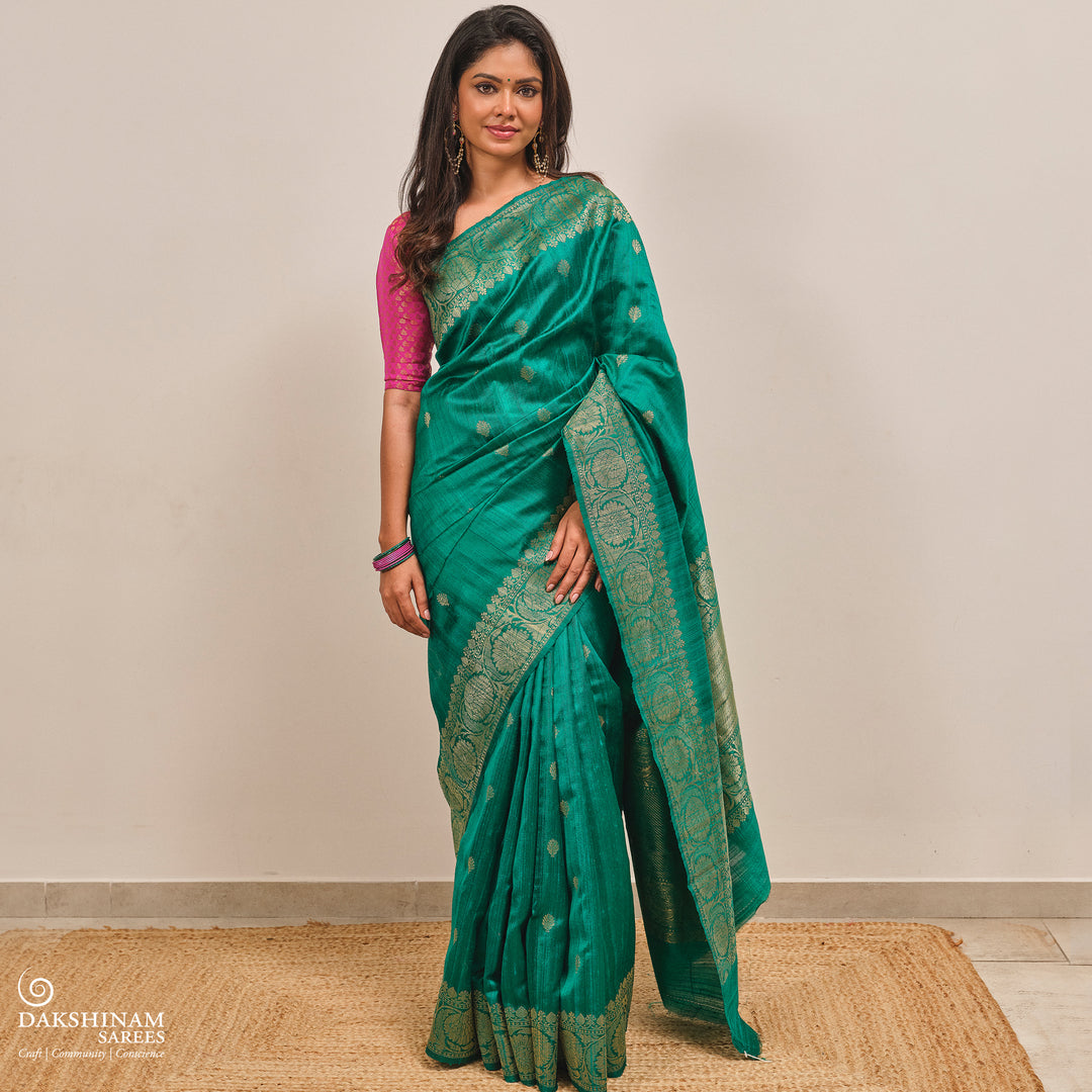 Pleats/body of Handwoven Green Banarasi Tussar silk Saree