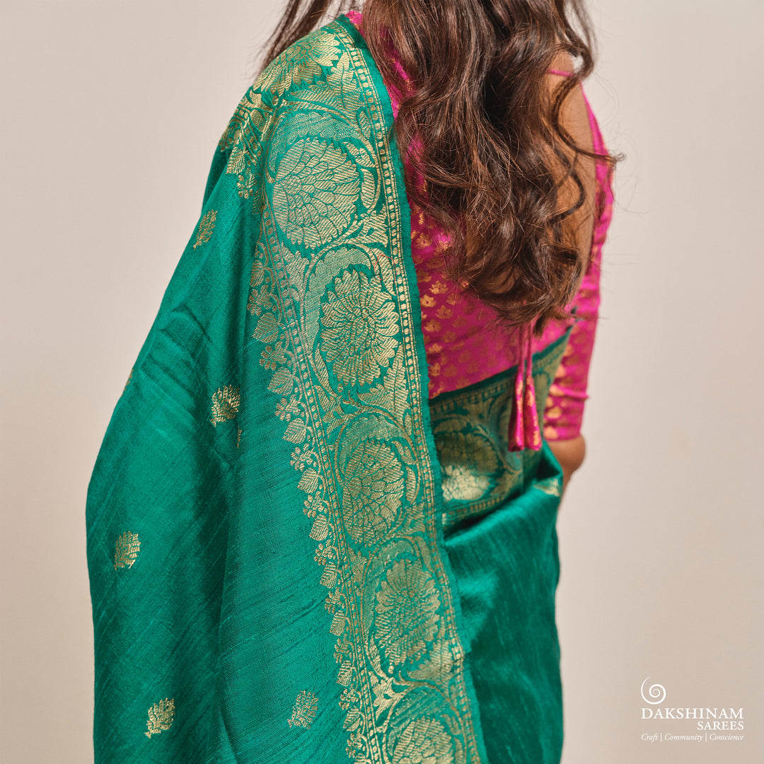 Closeup of Handwoven Green Banarasi Tussar silk Saree