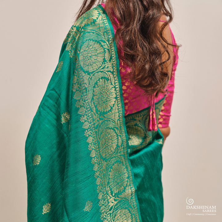 Closeup of Handwoven Green Banarasi Tussar silk Saree