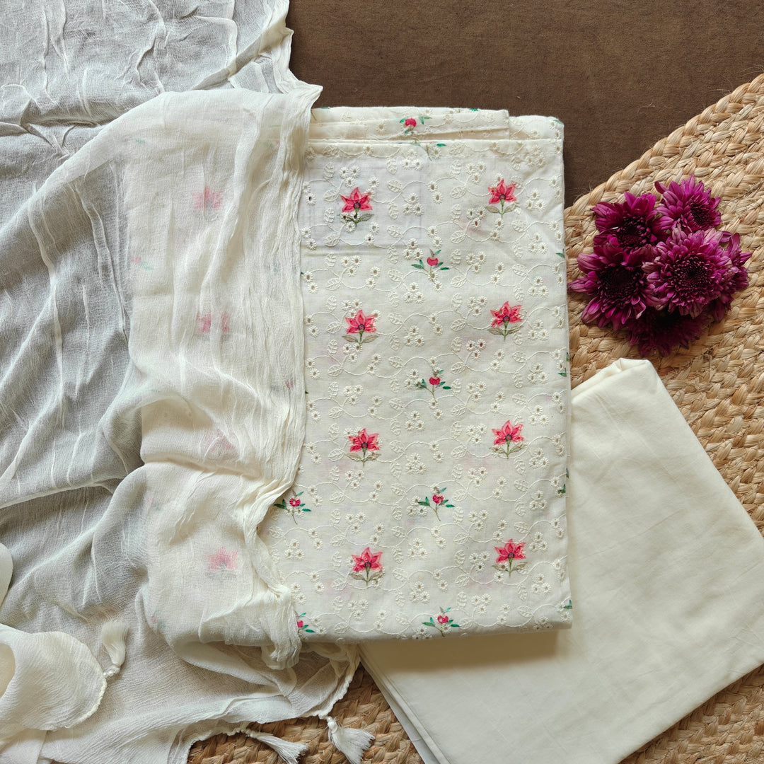 White Floral Hacoba Work 3 Piece Suit Set with Chiffon Dupatta 47T016558DSC