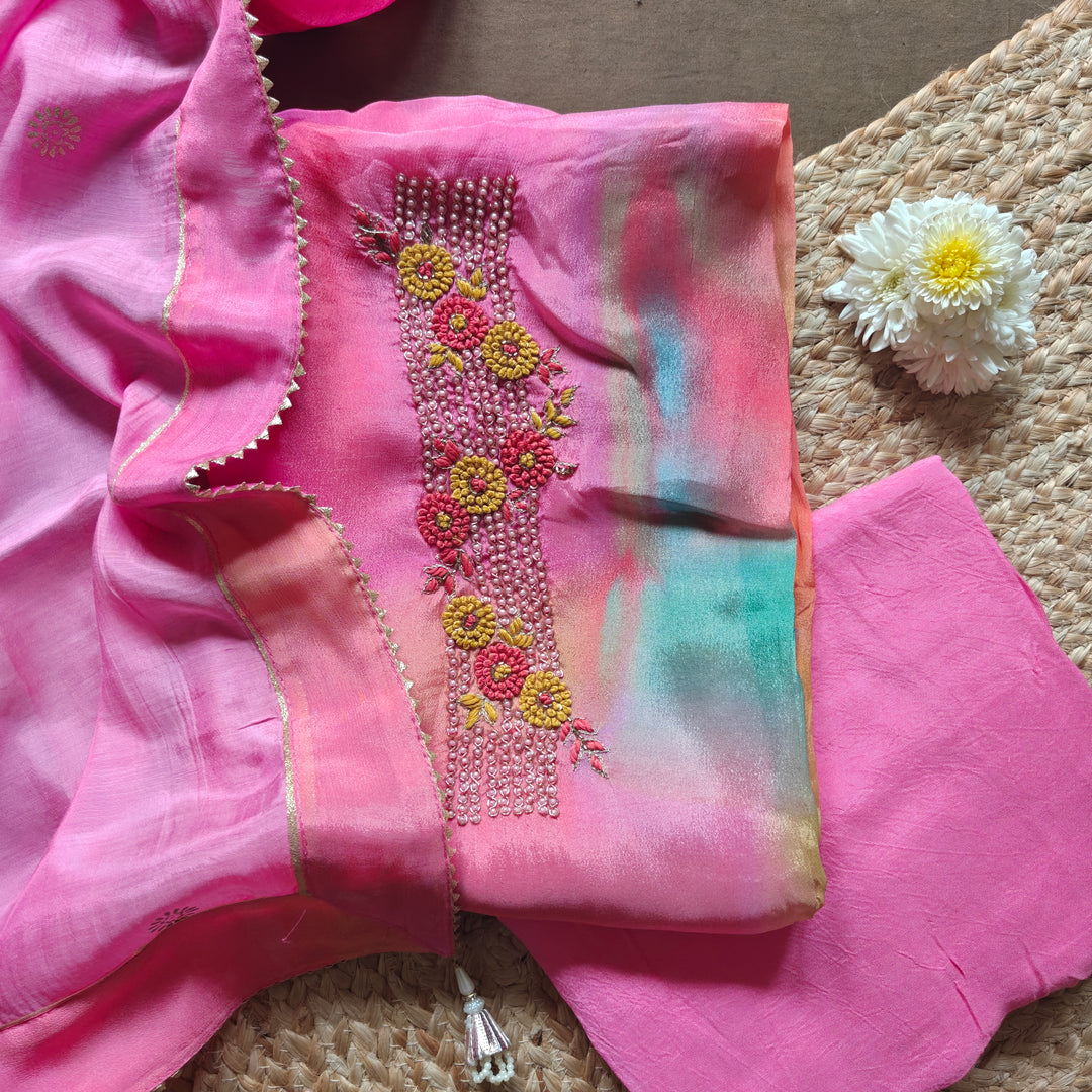 Pink Multicolor Hand Embroidered Silk 3 Piece Suit Set with Dupatta 30T016551DSC