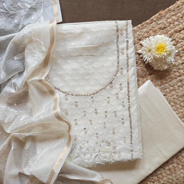 White cotton 3-piece suit set with hand embroidered sequin neckline and embroidered Kota dupatta