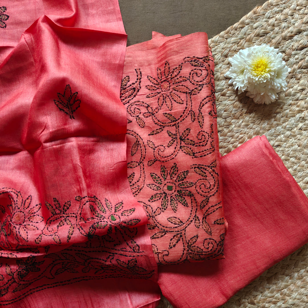 Orange Tussar silk 3-piece suit set with hand embroidered Kantha stitch floral work and matching dupatta