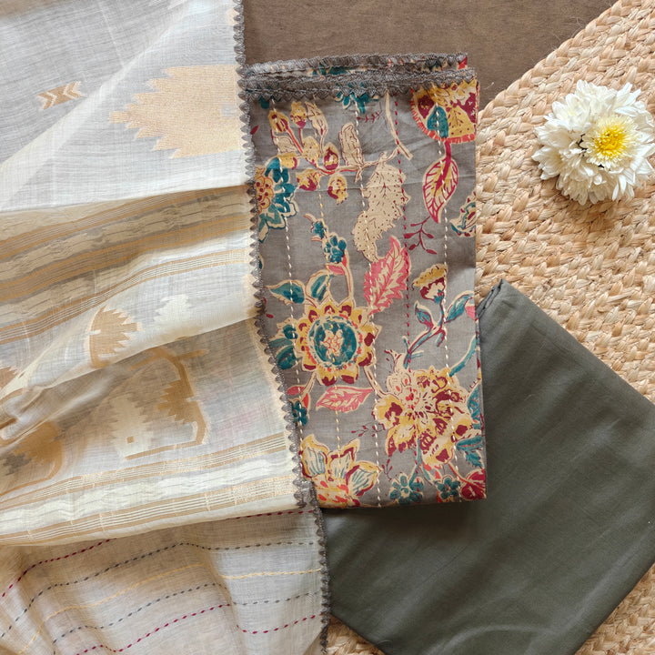 Grey floral printed 3-piece suit set with Kantha stitch detailing and matching grey dupatta