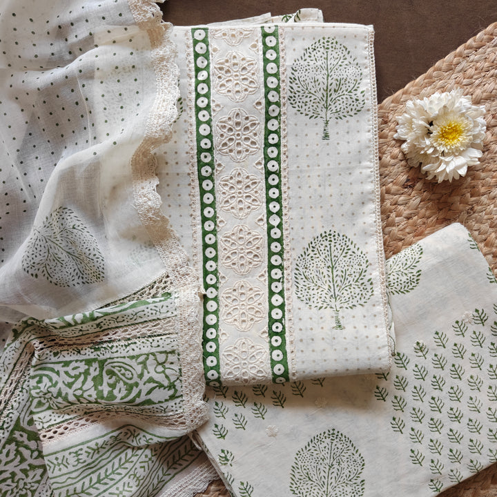 White and Green Printed Cotton 3 Piece Suit Set with Hacoba Work 32N045941DSC