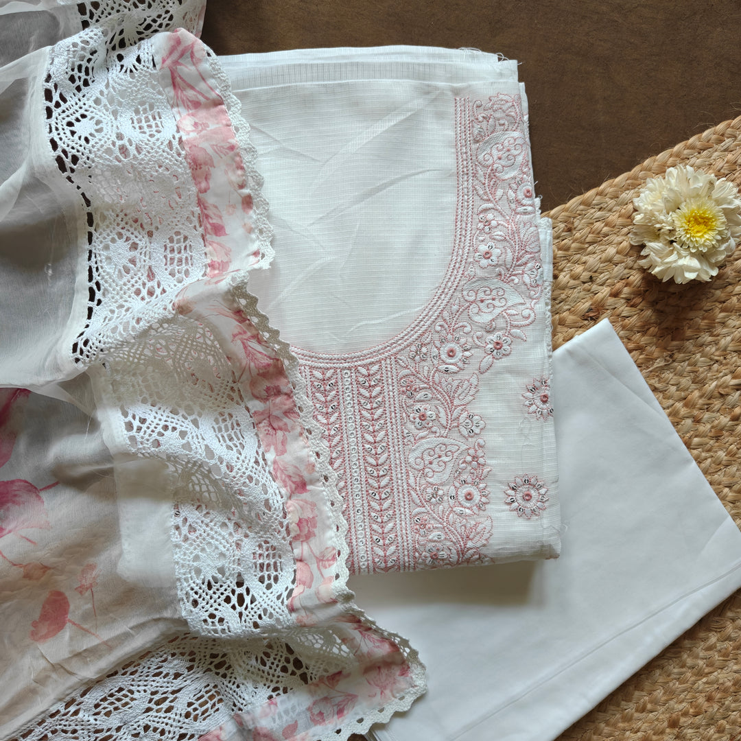 White Kota Embroidered 3 Piece Suit Set with Hacoba Lace Dupatta 37N046375DSC