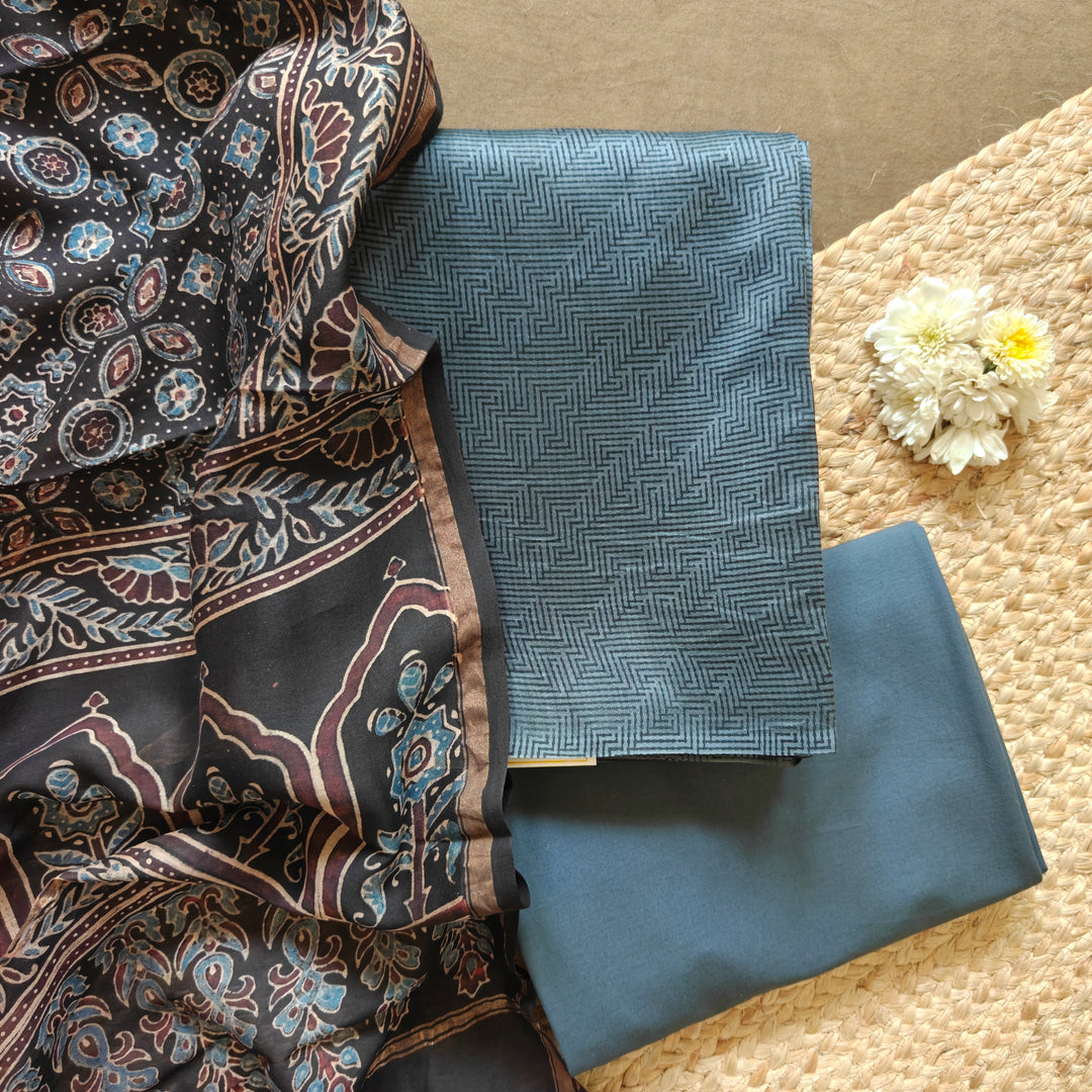Blue Silk Cotton 3 Piece Suit Set with Symmetrical Design and Ajrakh Dupatta 31T013027DSC