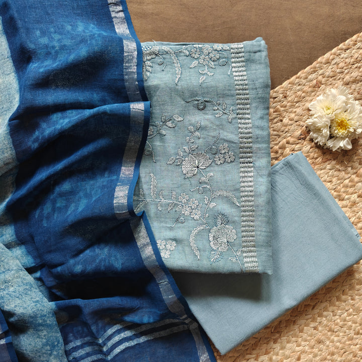 Light Blue Linen Floral Embroidered 3 Piece Suit Set with Dupatta 35N045844DSC