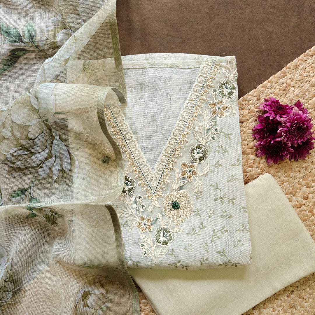 Beige Linen Floral Embroidered 3 Piece Suit Set with Digital Print Dupatta 41T016537DSC