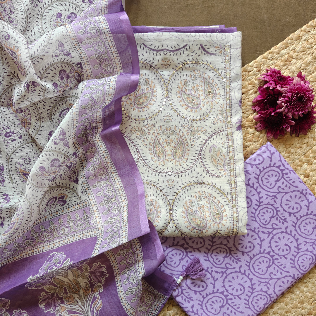 White and Lavender Cotton Floral Printed 3 Piece Suit Set with Dupatta 42N046085DSC