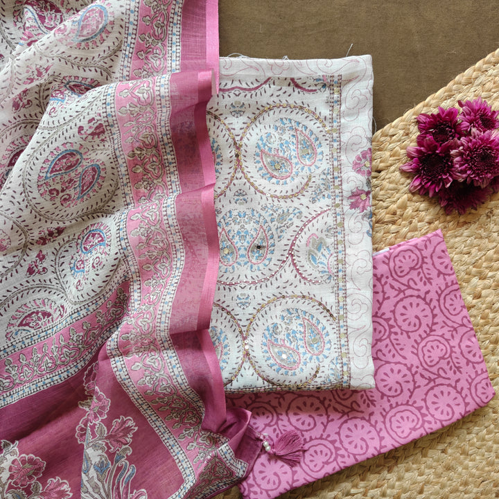 White and Pink Cotton Floral Printed 3 Piece Suit Set with Dupatta 44N046087DSC