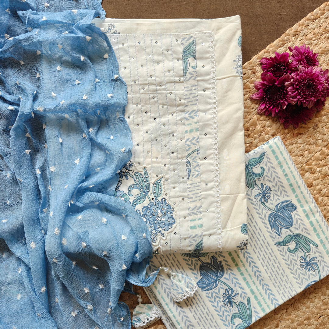 White Floral Cotton 3 Piece Suit Set with Bandhani Dupatta 45N045957DSC