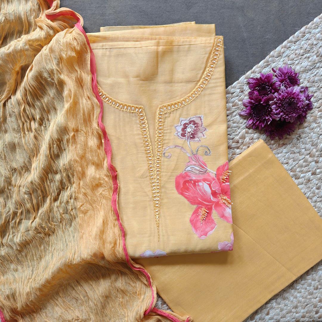 Mango Orange Hand-Painted Kora Chanderi 3 Piece Suit Set with Chiffon Dupatta 49N045829DSC