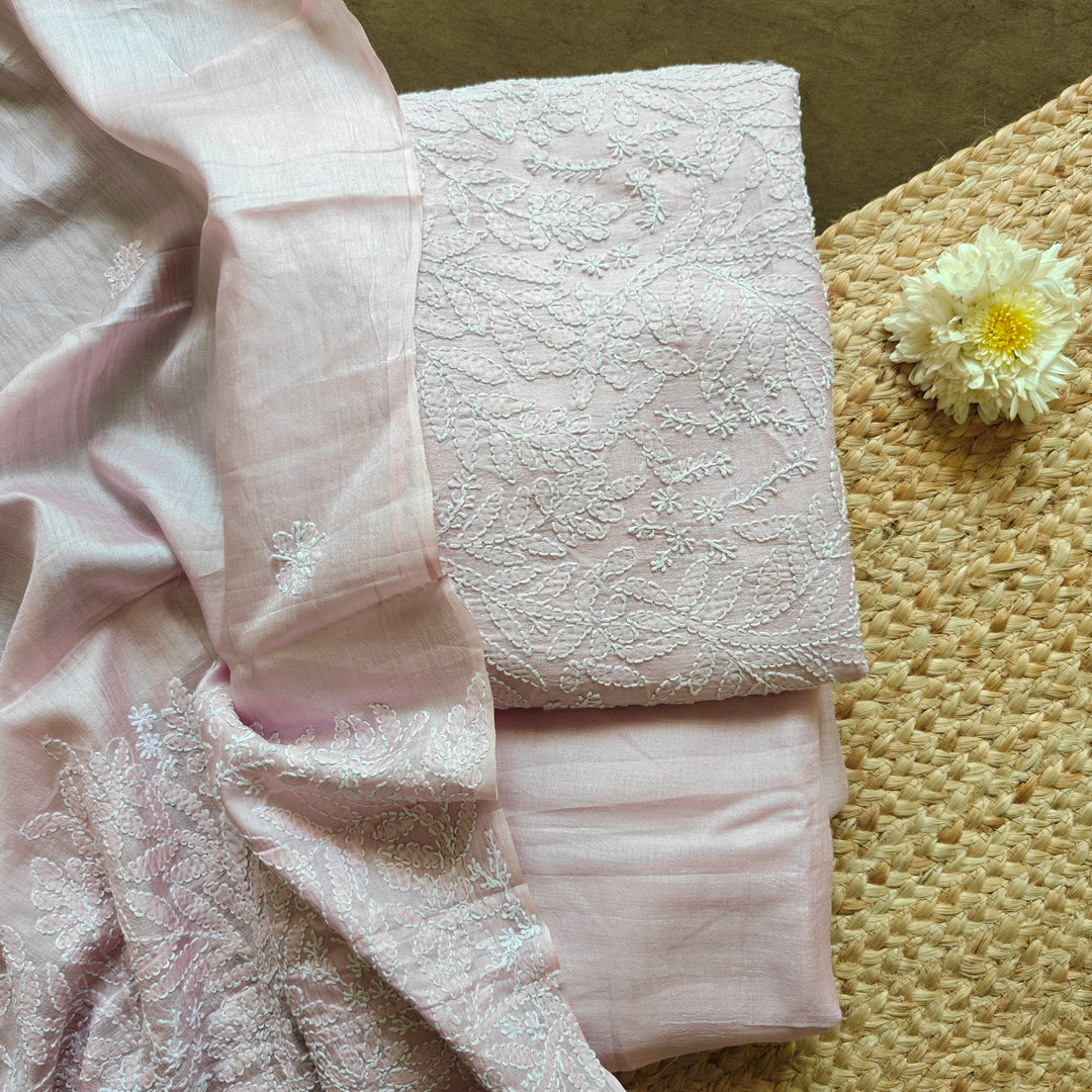 Baby pink Tussar silk 3-piece suit set with hand embroidered Chikankari floral work and matching dupatta