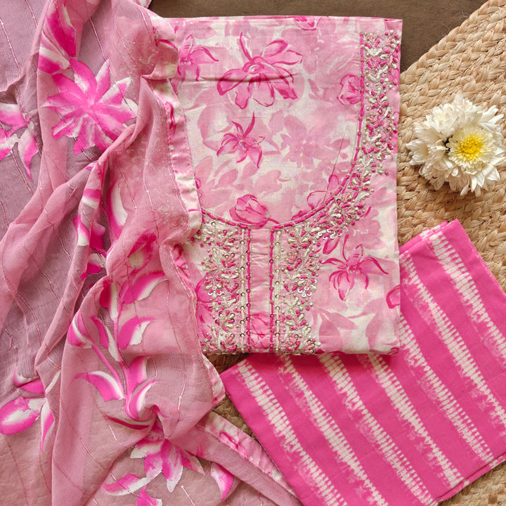 White and Pink Floral Printed Cotton 3 Piece Suit Set with Hand-Painted Dupatta 33N045958DSC