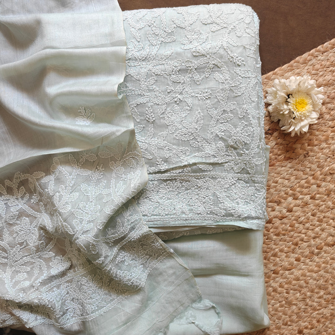 Ice blue Tussar silk 3-piece suit set with hand embroidered Chikankari floral work and matching dupatta