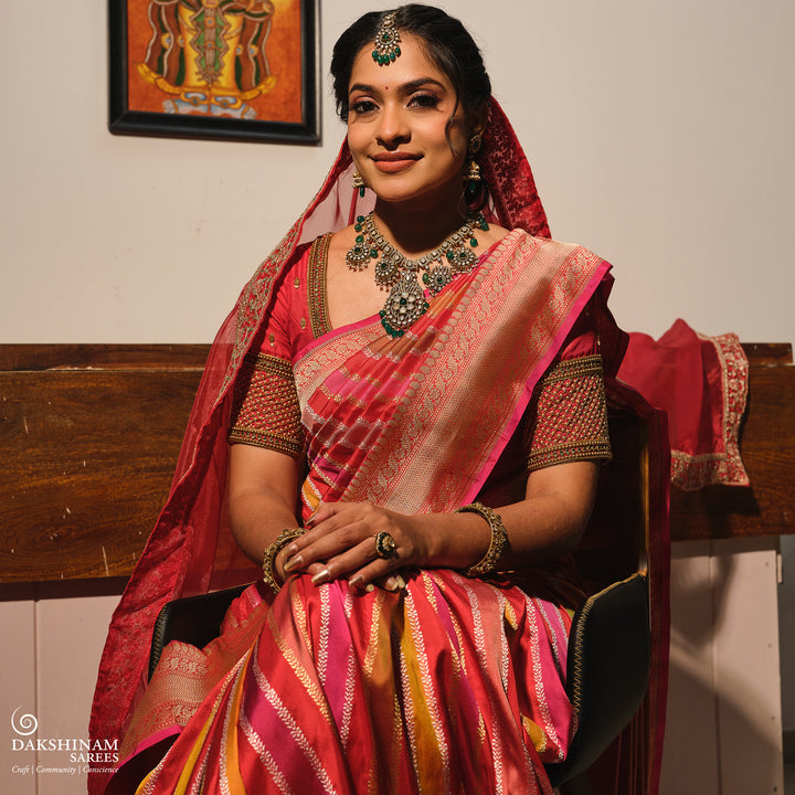 Multicolor Banarasi Silk Saree with Gold Zari Border 3368T016071DSC