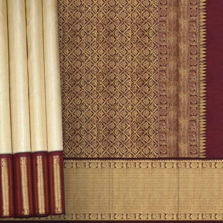 Handwoven Off-white with Maroon Kanjivaram Silk Saree - 2318N015840DSL