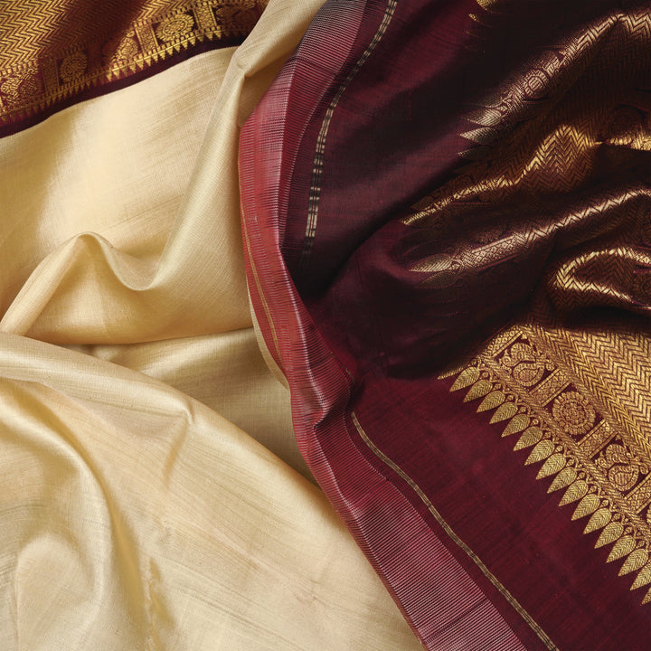 Handwoven Off-white with Maroon Kanjivaram Silk Saree - 2318N015840DSL