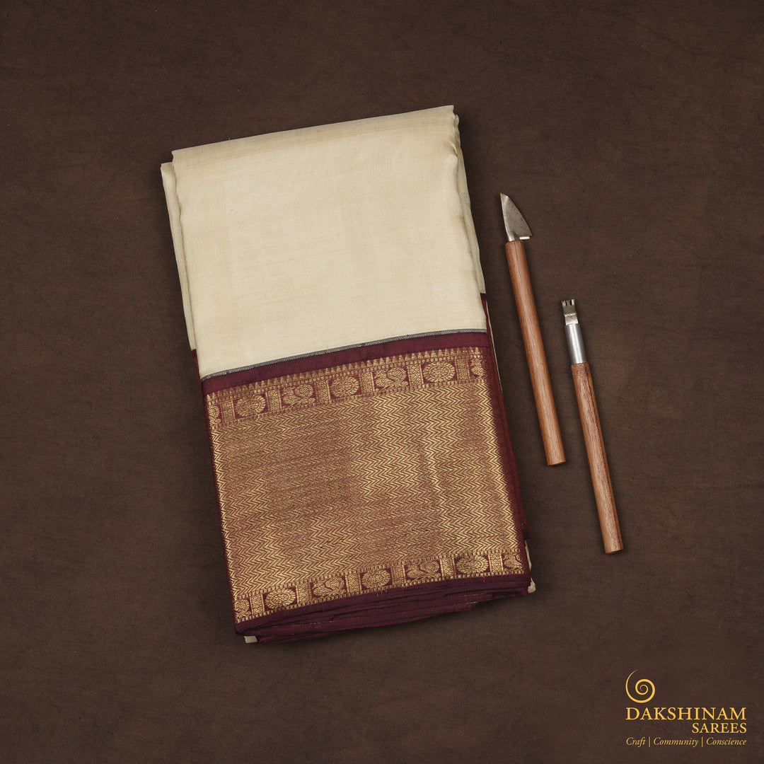 Handwoven Off-white with Maroon Kanjivaram Silk Saree - 2318N015840DSL
