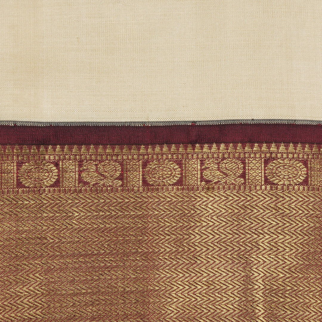 Handwoven Off-white with Maroon Kanjivaram Silk Saree - 2318N015840DSL