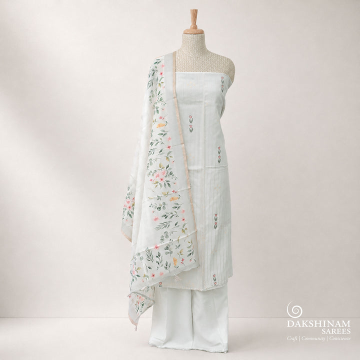 White Hand Embroidered Pure Cotton 3 Piece Suit Set with Water Paint Printed Dupatta 2N025676DSC