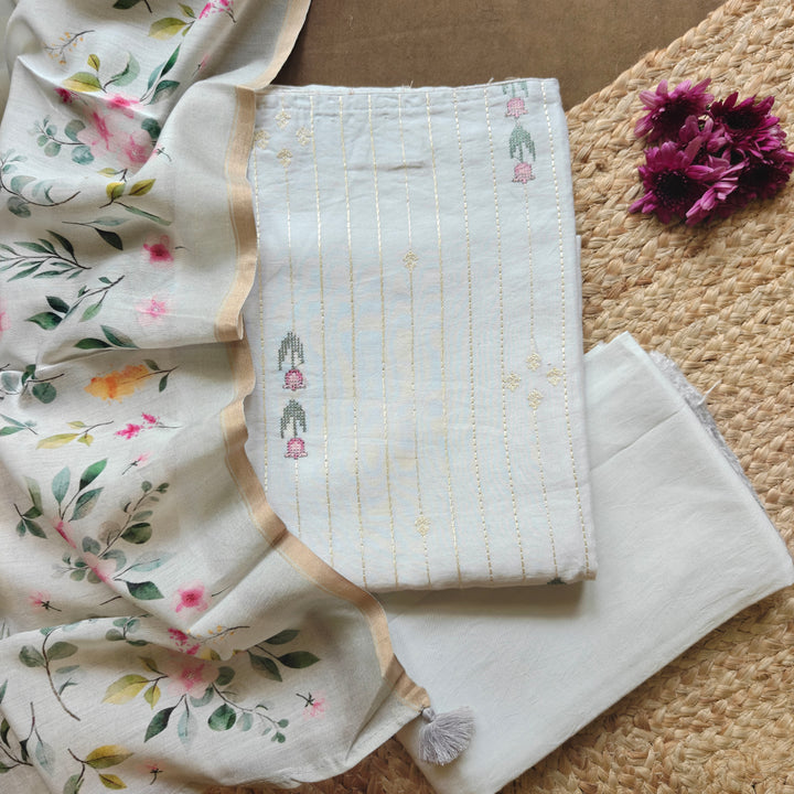White Hand Embroidered Pure Cotton 3 Piece Suit Set with Water Paint Printed Dupatta 2N025676DSC