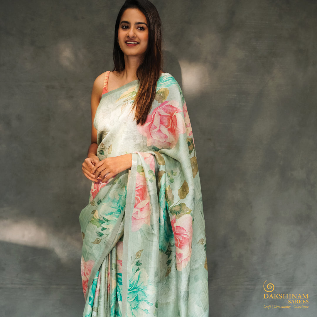 Handwoven Sage green Banarasi Tussar Silk Saree- 2786N027008DSC