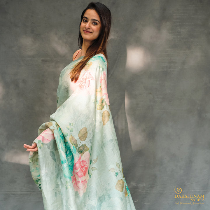 Handwoven Sage green Banarasi Tussar Silk Saree- 2786N027008DSC